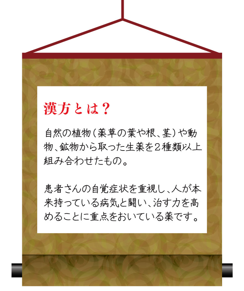 漢方とは、自然の植物や動物、鉱物から取った生薬を2種類以上組み合わせたものです。