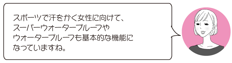 スポーツで汗をかく女性に向けて、 スーパーウォータープルーフや ウォータープルーフも基本的な機能に なっていますね。