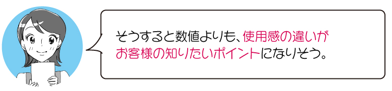 そうすると数値よりも、使用感の違いが お客様の知りたいポイントになりそう。