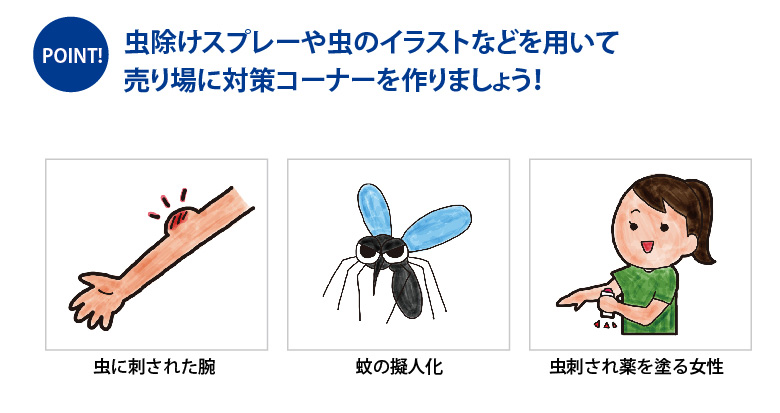 販促カレンダー７月 虫さされ薬コーナー ドラッグストアてんとうむし